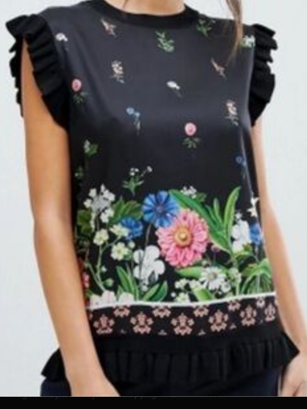 TED BAKER Myshell black Floral Print Ruffle-Hem blouse Top